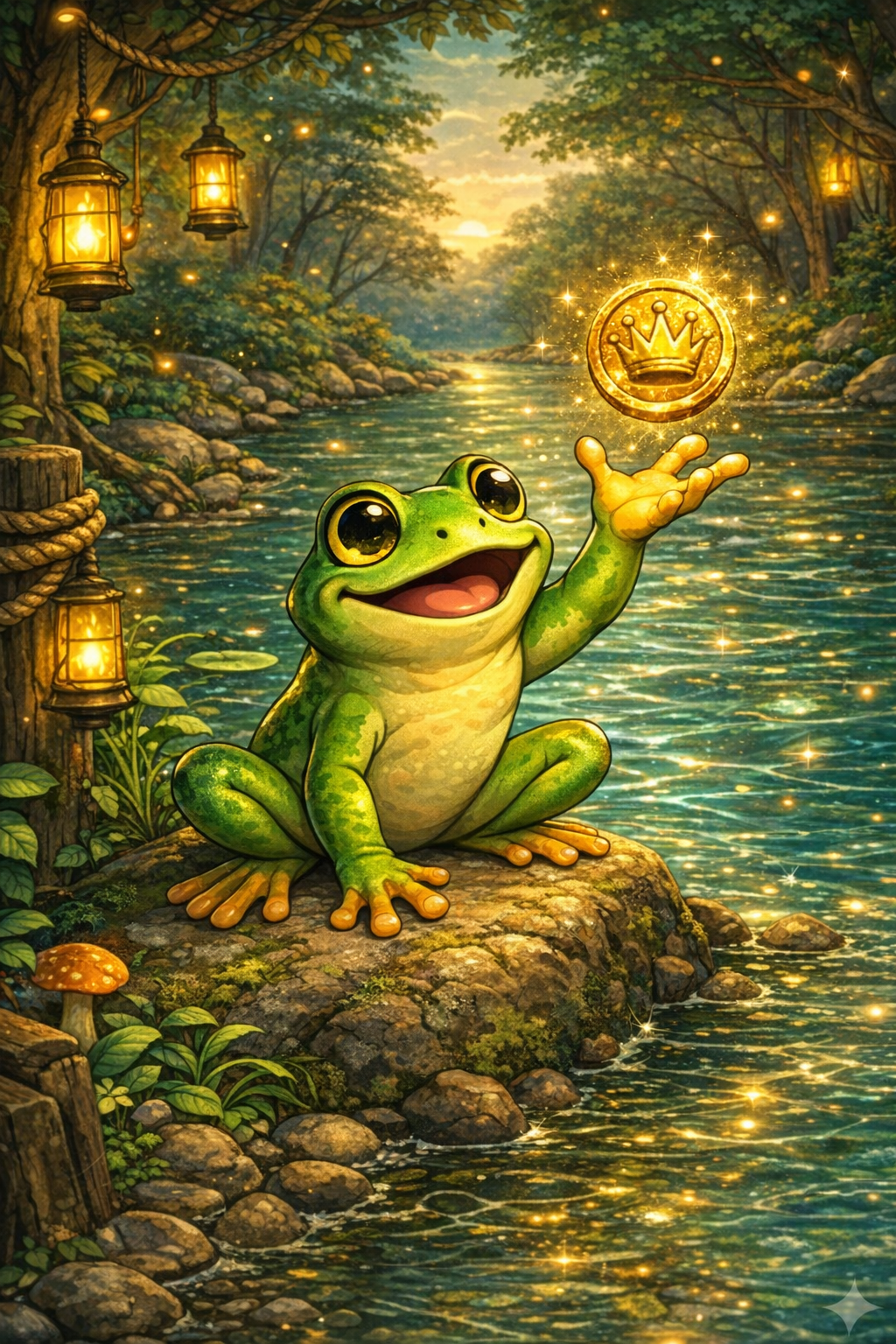 Regal dynamic drawing outlining a frog crowned king sitting amongst lake grass